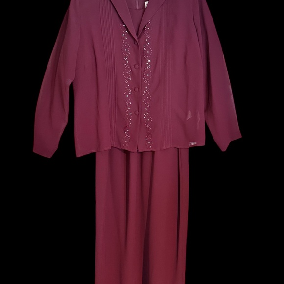 Danny & Nicole 2 pc Sheath Sleeveless Long Sheer Dress Burgundy Beaded Zip 16 - Picture 12 of 12